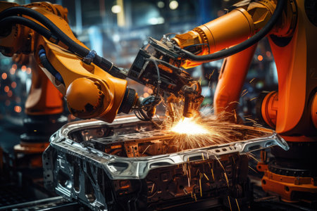 Industrial robot welding automotive part in factory. Smart industry 4.0 concept.の素材