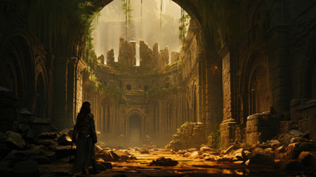 Mysterious woman standing in the ruins of an ancient gothic churchの素材