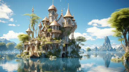 Fantasy landscape with fantasy castle and lake. 3d render illustrationの素材