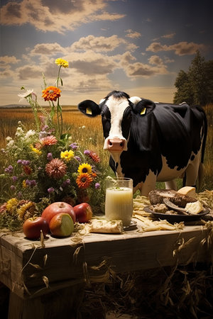 Milk in a glass and a cow on the background of a summer landscapeの素材