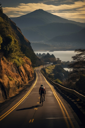 Rear view of two cyclists riding on a road in New Zealandの素材