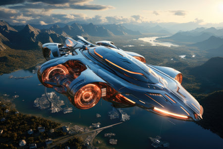 Futuristic spaceship flying in the sky over the lake. 3d renderingの素材