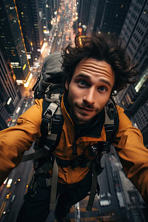 Handsome young man in yellow jacket taking a selfie while standing in the city.の素材