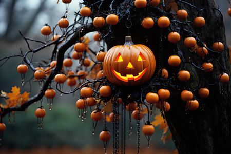 Halloween pumpkin decoration hanging on tree in the forest. Halloween backgroundの素材