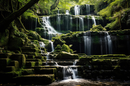 beautiful waterfall in the forest at summer time, long exposure photoの素材