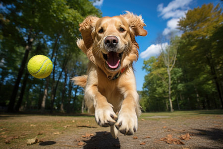 Golden Retriever dog playing with a tennis ball in the parkの素材