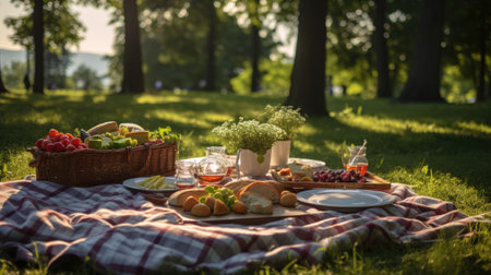 Picnic in the park on a sunny summer day. The concept of a picnic in nature.の素材