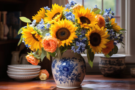 Bouquet of sunflowers and bluebells in vaseの素材