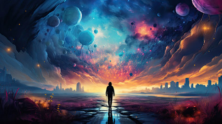 Man in surreal landscape with planet. 3D illustration. Fantasy.の素材