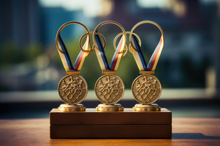Gold medals on a wooden table in front of the city background.の素材