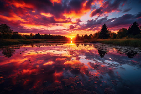 Beautiful sunset over the lake with reflection of clouds in the waterの素材