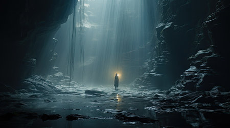 Mysterious man standing in the dark cave. 3d renderingの素材