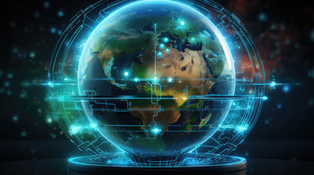 Globe with digital world map on dark background. 3D renderingの素材