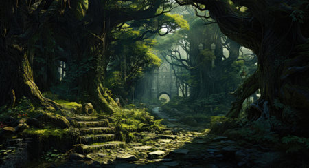 Fantasy landscape with a path in a dark forest. 3d renderingの素材