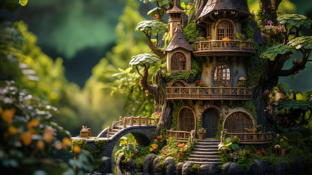 Miniature garden. Miniature model of house in a beautiful garden.の素材