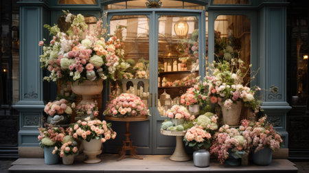 Flower shop in Paris, France. Bouquet of flowers in vasesの素材