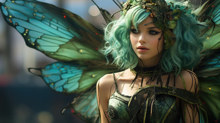 Beautiful woman with green hair and fantasy make-up in the cityの素材