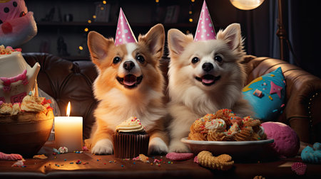 Cute welsh corgi dogs with birthday cake and other treats at homeの素材