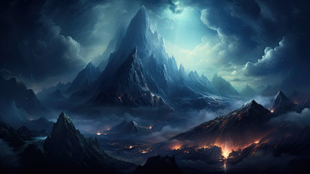 Fantasy alien planet. Mountain and lake. 3D illustration.の素材