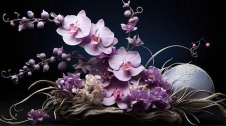 Bouquet of orchids in a basket on a dark backgroundの素材