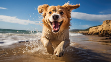 Cute Golden Retriever dog running into the water on the beach.の素材