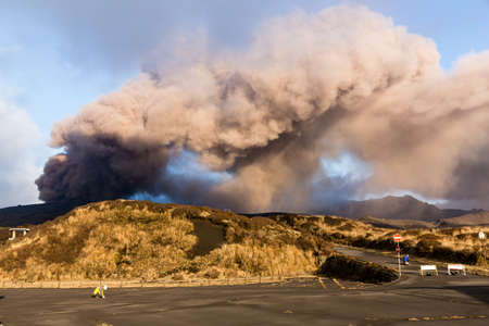 Volcano, Kyushu, Mount Aso, Beautiful Panorama Aerial View Smoke Gas Steam Crater Caldera largest active Volcano in Japan Island eruption under Sunny Clear Blue Sky in Summer Daytime, Kumamoto, Kyushuの写真素材