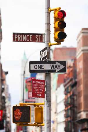 A one way sign and a traffic light in Ney York City, NYCの写真素材