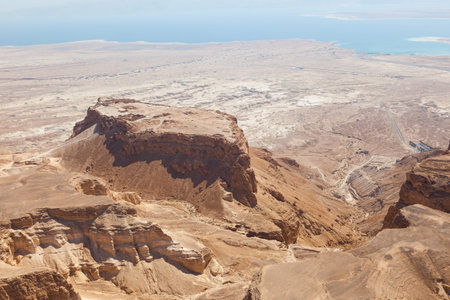 Massada near the Dead Sea in Israel seen from above in an aerial skyline photo