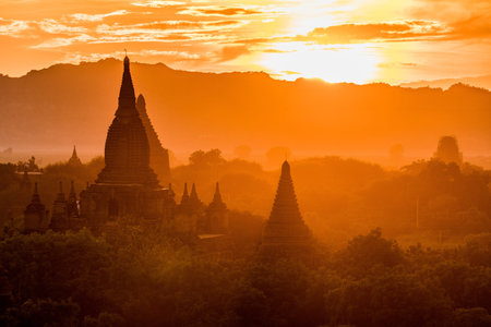 The temples and pagodas of Bagan, Myanmar near Mandalay during sunsetの写真素材
