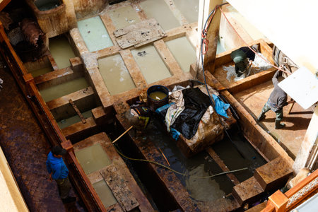 Dye reservoirs in tannery in Fes, Morocco, where the world famous moroccan leather is being made