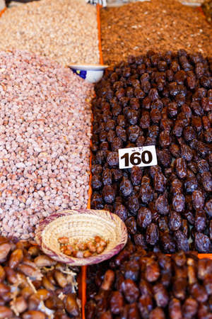 Colorful handmade leather craft and spices in Marrakesh Moroccoの写真素材