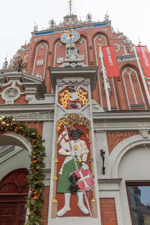 City Hall Square with House of the Blackheads and Saint Peter church in Old Town of Riga Latviaの写真素材
