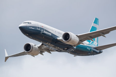 Flying display of a Boeing B737-8 MAX at the Farnborough International Airshow, UK