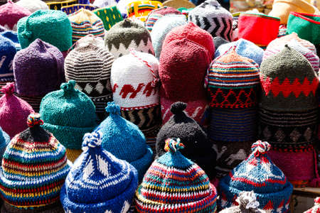 Traditional arabic handcrafted, leather, copper and wool work at the bazaar in Marrakesh, Morocco, Africaの写真素材