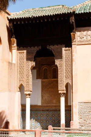 Traditional arabic Colorful Ancient style mosaic and ornament in interior elements. Abstract geometry, carved vintage pattern in Marrakesh, Morocco, Africaの写真素材