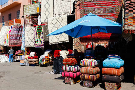 Traditional arabic handcrafted, leather, copper and wool work at the bazaar in Marrakesh, Morocco, Africaのeditorial素材