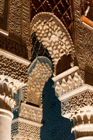 Traditional arabic Colorful Ancient style mosaic and ornament in interior elements. Abstract geometry, carved vintage pattern in Marrakesh, Morocco, Africaの写真素材