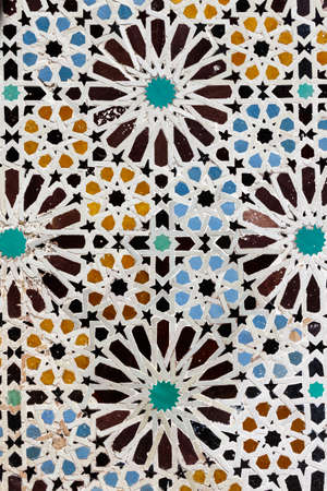 Traditional arabic handcrafted, colorful decorated plates at the bazaar in Marrakesh, Morocco, Africaの写真素材
