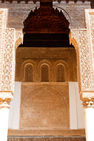 Traditional arabic Colorful Ancient style mosaic in interior elements. Abstract geometry, carved vintage pattern in Marrakesh, Morocco, Africaの写真素材