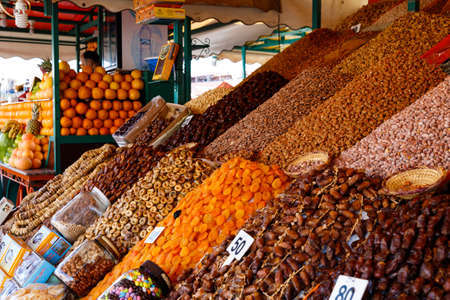 Dried fruit and nuts on market stall at the djemaa el fna square in Marrakesh, Moroccoのeditorial素材