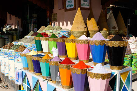 Colorful cooking Spices and flower in traditional local medina bazaar market in Marrakesh, Moroccoのeditorial素材