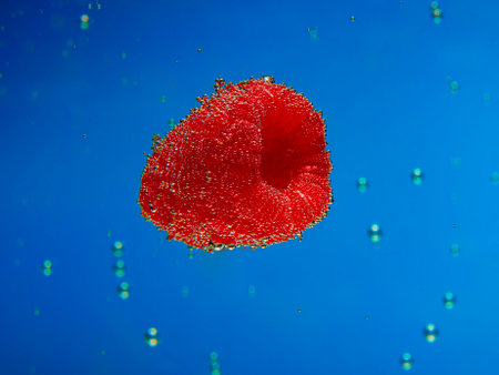 Raspberries on a blue water bubble backgroundの写真素材