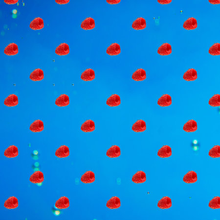 Red raspberry background on an isolated blue background.の写真素材
