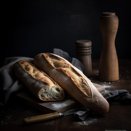 Two sliced baguettes on a black background,Generative AI. High quality photoの素材