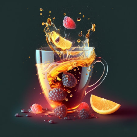 Iced tea with various fruits and a splash of juice. Generative AI. High quality photoの写真素材