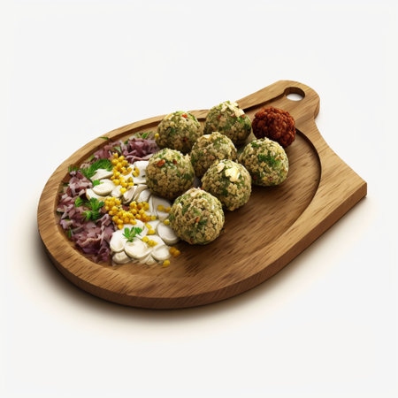 Delicious meatballs on a wooden platter with a Middle Eastern twist. High quality illustrationの素材