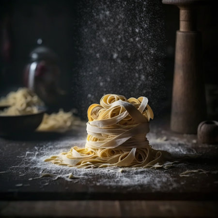Homemade raw noodles in a dark kitchen. High quality illustrationの素材