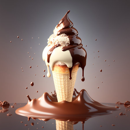 Hot cream pours over a tall ice cream cone . High quality illustrationの素材