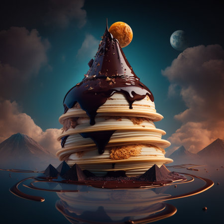 A tower of pancakes covered in syrup and ice cream. High quality illustrationの素材