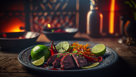 Still life of venison meat, lime, red pepper in a restaurant ,Generative AI. High quality photoの素材